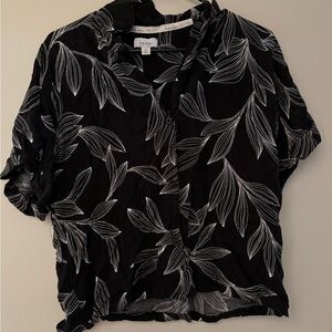 Black Short Sleeve Button Front Top with White Leaf Print